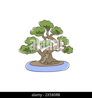 Eine Zeile zeichnet alte Schönheit exotischen Mini-Bonsai-Baum für Wohnwand Kunst Dekor Poster. Dekorative Topf-Banyan-Pflanze zur Ausstellung. Modus Stock Vektor