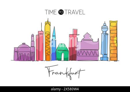 Eine einzige Linie mit der Skyline von Frankfurt, Deutschland. Historische Wolkenkratzerlandschaft der Welt. Das beste Urlaubsziel für Wanddekorationen. Trendig Stock Vektor