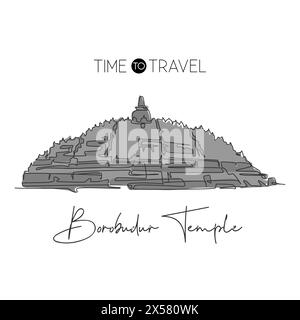 Eine einzelne Linie zeichnet das Wahrzeichen des Candi Borobudur-Tempels. Weltberühmt in Indonesien. Tourismus Reise Postkarte Wohnwand Dekor Kunstdruck Poster. Modern c Stock Vektor