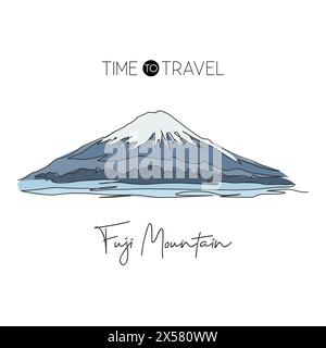 Eine einzelne Linie zeichnet den wunderschönen Mt. Wahrzeichen von Fuji San. Weltplatz in Honshu Japan. Tourismus Reise Postkarte Wohnwand Dekor Kunst Poster Konzept. Modus Stock Vektor