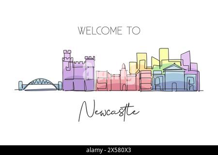 Eine durchgehende Linienzeichnung der Skyline von Newcastle. Schöne Stadt Wolkenkratzer Welt Landschaft Tourismus Reise Urlaub Haus Wand Dekor Poster Art Co Stock Vektor