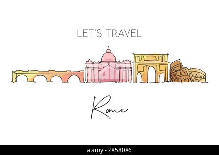 Einzelne durchgehende Linienzeichnung der Skyline von Rom Italien. Berühmte Wolkenkratzerlandschaft der Roma-Stadt. World Travel Home Wanddekoration Posterdruck Kunst Concrete Stock Vektor