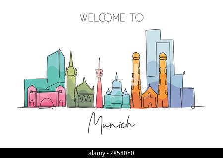 Eine einzeilige Zeichnung der Skyline der Stadt München. Münchens Stadt Wolkenkratzer Landschaft in der Welt. Bestes Reiseziel Urlaub Urlaub Wand Dekor Poster Conep Stock Vektor