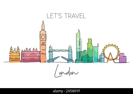 Eine durchgehende Linienzeichnung der Skyline von London. Wunderschöner Wolkenkratzer der Stadt. Welt Landschaft Tourismus Reise Urlaub Haus Wanddekor Poster Print Co Stock Vektor