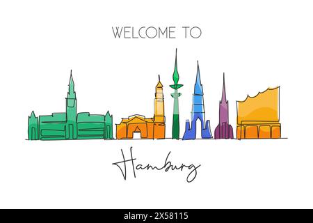 Eine durchgehende Linienzeichnung der Skyline der Stadt Hamburg, Deutschland. Wunderschöner Wolkenkratzer. Welt Landschaft Tourismus Reise Wand Dekor Poster Print Konzept. St Stock Vektor