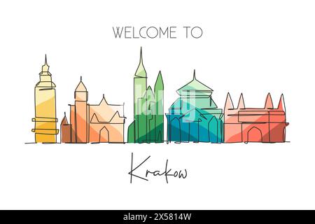 Eine einzeilige Zeichnung der Skyline der Stadt Krakau, Polen. Postkarte der historischen Wolkenkratzerlandschaft. Das beste Urlaubsziel mit Wanddekoration und Poster. Tren Stock Vektor