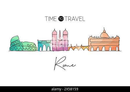 Eine durchgehende Linienzeichnung der Skyline von Rom, Italien. Wunderschöner Roma-Wolkenkratzer. Welt Landschaft Tourismus Urlaub Urlaub Wand Dekor Poster Druck. S Stock Vektor