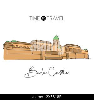 Eine durchgehende Linie, die das Wahrzeichen der Burg Buda zeichnet. Historischer Königspalast in Budapest, Ungarn. Reise Urlaub Haus Wanddekor Poster Print Konzept. Stock Vektor