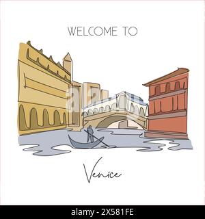 Eine einzige Linie, die das Wahrzeichen der Rialto-Brücke darstellt. Weltberühmter ikonischer Kanal in Venedig Italien. Tourismus Reise Postkarte Wohnwand Dekor Poster Print Conep Stock Vektor