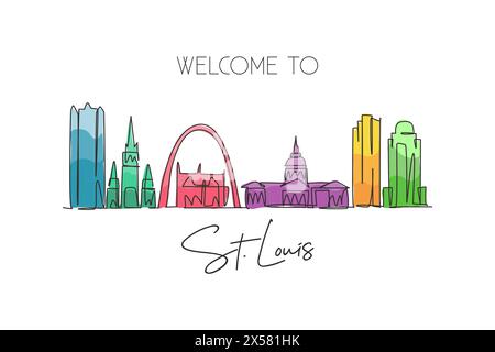 Eine einzeilige Zeichnung der Skyline von St. Louis, USA. Historische Stadtlandschaft der Welt. Poster zum besten Urlaubsziel. Bearbeitbarer Schlagtrend Stock Vektor