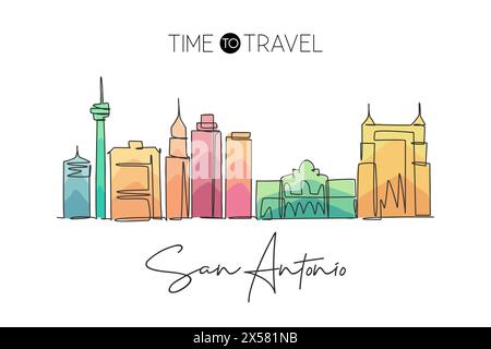 Einzelne durchgehende Linienzeichnung der Skyline von San Antonio, Vereinigte Staaten von Amerika. Berühmte Landschaft. World Travel Concept Poster mit Wanddekor. Stock Vektor