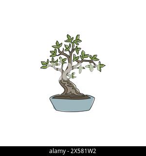 Eine durchgehende Linie mit Schönheit und exotischem Bonsai-Baum für Wohnwand-Dekor-Poster. Dekorative, antike Bonsaipflanze für den Pflanzenladen Stock Vektor