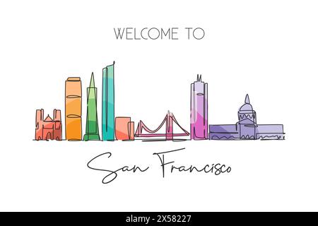 Eine durchgehende Linie, die die Skyline der Stadt San Francisco in den Vereinigten Staaten von Amerika zeigt. Wunderschönes Wahrzeichen. Welttourismus Reise Urlaub Poster. Bearbeitbare s Stock Vektor