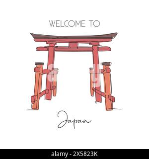 Eine durchgehende Linie mit der Begrüßung des Wahrzeichens des Torii-Tors. Weltberühmtes Element der japanischen Kultur. Konzept mit Postermotiv für Urlaub an der Wand. Stock Vektor