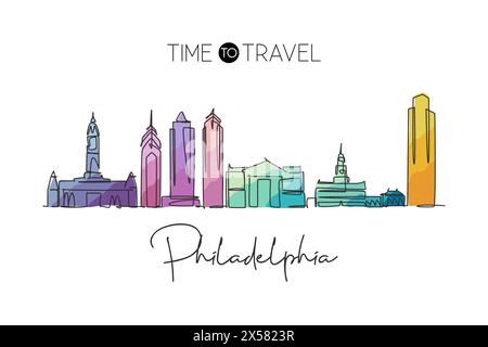 Eine einzeilige Zeichnung der Skyline von Philadelphia, USA. Historische Stadtlandschaft. Bestes Urlaubsziel Heim Kunst Wanddekor Posterdruck. Trend Stock Vektor