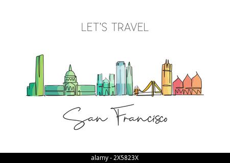 Eine einzeilige Zeichnung der Skyline von San Francisco, USA. Historische Stadtlandschaft der Welt. Das beste Urlaubsziel ist ein Poster mit Wanddekoration. Trendig Stock Vektor