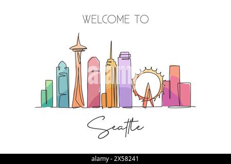 Einzelne durchgehende Linienzeichnung der Skyline von Seattle, USA. Berühmte Stadt Schaber und Landschaft Haus Wanddekor Poster Print Kunst. Weltreisekonzept. Stock Vektor