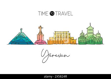 Einzelne durchgehende Linienzeichnung der Skyline der Stadt Jerewan, Armenien. Berühmte Stadt und Landschaft. World Travel Concept Poster mit Innenwand. Stock Vektor