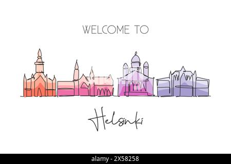 Eine einzeilige Zeichnung der Skyline von Helsinki, Finnland. Historische Stadtlandschaft. Bestes Urlaubsziel Haus Wanddekoration Posterdruck Kunst. Trend Stock Vektor