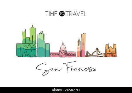 Einzelne durchgehende Linienzeichnung der Skyline von San Francisco, USA. Berühmte Landschaft. World Travel Concept, Wohnkultur, Wanddekor, Posterdruck. Stock Vektor