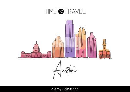 Einzelne durchgehende Linienzeichnung der Skyline von Austin, USA. Berühmte Stadt und Landschaft. World Travel Concept, Wohnkultur, Poster mit Wandmalerei. Stock Vektor