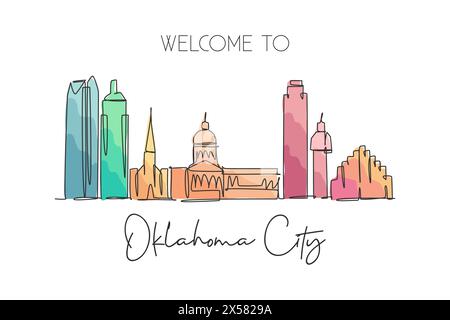 Eine durchgehende Linie zeichnet die Skyline von Oklahoma, USA. Wunderschönes Wahrzeichen. Posterdruck für den Tourismus in der Welt. Bearbeitbare, elegante Stk Stock Vektor