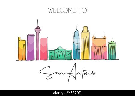Eine durchgehende Linienzeichnung der Skyline von San Antonio, USA. Wunderschönes Wahrzeichen. Weltlandschaftstourismus Reise Urlaub Poster. Bearbeitbar, stilvoll, STR Stock Vektor
