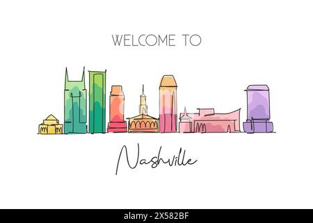 Einzelne durchgehende Linienzeichnung der Skyline von Nashville, Tennessee. Berühmte Stadt-Kratzer-Landschaft. World Travel Concept Poster mit Innenwand. Stock Vektor