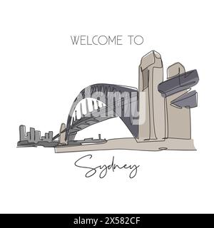 Eine durchgehende Linie zeichnet das Wahrzeichen der Sydney Harbour Bridge. Tolle Brücke in Australien. Urlaub Urlaub Tourismus Haus Wanddekor Poster Print Konzept. Stock Vektor