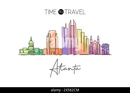 Eine durchgehende Linienzeichnung der Skyline von Atlanta, USA. Wunderschönes Wahrzeichen. Welt Landschaft Tourismus Reise Urlaub Poster Druck Wand Dekor Kunst. Stall Stock Vektor