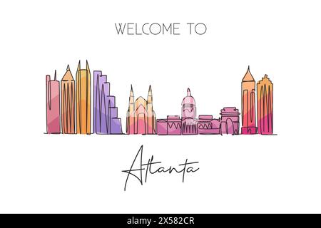 Eine einzeilige Zeichnung der Skyline von Atlanta, USA. Historische Stadtlandschaft. Bestes Urlaubsziel Wanddekor Poster-Motiv. Trend Stock Vektor