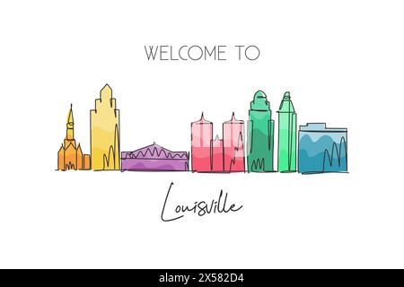 Einzelne durchgehende Linie mit der Skyline von Louisville, Kentucky. Berühmte Stadt und Landschaft. World Travel Concept Poster mit Innenwand Stock Vektor