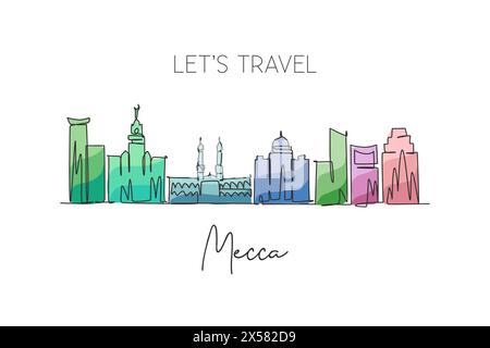 Eine einzeilige Zeichnung der Skyline von Mekka, Saudi-Arabien. Welthistorische Stadtlandschaft. Bestes Urlaubsziel. Editierbarer Strich Trendy Continu Stock Vektor