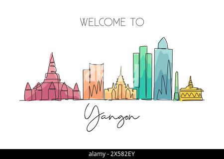 Eine einzeilige Zeichnung der Skyline von Yangon, Myanmar. Historische Stadtlandschaft der Welt. Poster zum besten Urlaubsziel. Editierbarer Hub tren Stock Vektor