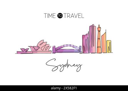 Einzelne durchgehende Linienzeichnung der Skyline von Sydney, Australien. Berühmte Stadt-Kratzer-Landschaft. World Travel Concept, Wohnkultur, Wanddekor, Posterdruck Stock Vektor