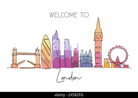 Einzelne durchgehende Linienzeichnung der Skyline von London. Berühmte Stadt Wolkenkratzer Landschaft in der Welt. World Travel Kampagne Home Wall Decor Poster Konzept Stock Vektor