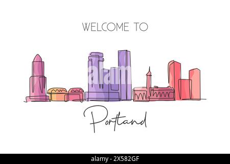 Einzelne durchgehende Linienzeichnung der Skyline von Portland, USA. Berühmte Stadt und Landschaft. World Travel Concept, Wohnwand, Postermotiv Stock Vektor