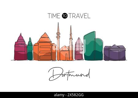 Einzelne durchgehende Linienzeichnung der Skyline der Stadt Dortmund Deutschland. Berühmte Wolkenkratzerlandschaft der Welt. World Travel Wanddekor mit Postermotiv, Concept Stock Vektor