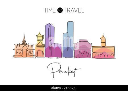 Eine einzeilige Zeichnung der Skyline von Phuket, Thailand. Historische Stadtlandschaft. Bestes Urlaubsziel Heim Kunst Wanddekor Posterdruck. Trendig Stock Vektor