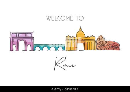Einzelne durchgehende Linienzeichnung der Skyline von Rom, Italien. Berühmte Roma-Wolkenkratzer-Landschaft. World Travel Home Wanddekor Poster Print Kunstkonzept. M Stock Vektor