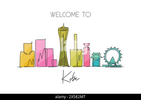 Eine einzeilige Zeichnung der Skyline von Kobe, Japan. Historische Stadtlandschaft der Welt. Poster mit dem besten Urlaubsziel. Editierbarer Hub tren Stock Vektor
