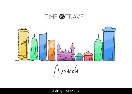 Eine durchgehende Linie zeichnet die Skyline von Nairobi, Kenia. Wunderschöne Postkarte mit Wahrzeichen. Weltlandschaftstourismus und Reiseurlaub. Bearbeitbare, elegante Stk Stock Vektor