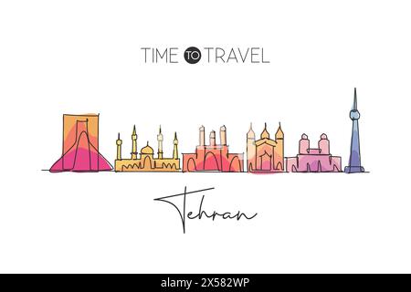 Eine einzelne Linienzeichnung der Skyline der Stadt Teheran oder Teheran Iran. Historische Stadtlandschaft der Welt. Bestes Urlaubsziel. Editierbarer Hub tren Stock Vektor