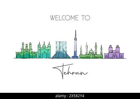 Einzelne durchgehende Linienzeichnung der Skyline der Stadt Teheran, Iran. Berühmter Stadtschaber und Landhausdekoration Poster Kunstdruck. Weltreisekonzept. Stock Vektor