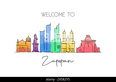 Eine durchgehende Linie zeichnet die Skyline der Stadt Zapopan Mexiko. Wunderschöner Postkartendruck mit Wahrzeichen. Weltlandschaftstourismus Reiseurlaub. Editierbar elegant Stock Vektor