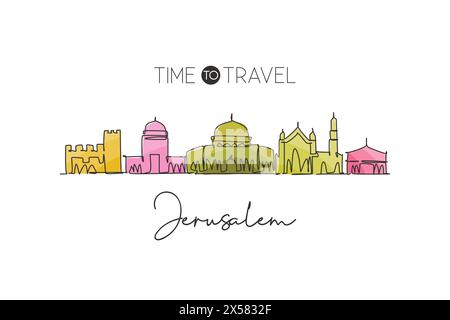 Einzelne durchgehende Linienzeichnung der Skyline von Jerusalem, Palästina. Berühmte Stadt-Kratzer-Landschaft. World Travel Concept, Wohnkultur, Poster mit Wandmalerei. Stock Vektor