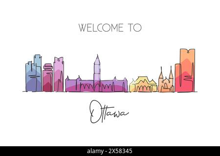 Eine durchgehende Linie zeichnet die Skyline von Ottawa, Kanada. Wunderschöne Postkarte mit Wahrzeichen. Weltlandschaftstourismus und Reiseurlaub. Bearbeitbare, elegante Stk Stock Vektor