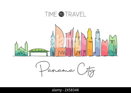 Einzelne durchgehende Linie, die die Skyline von Panama, Panama, zeichnet. Berühmte Stadt-Kratzer-Landschaft. World Travel Destination Concept Wanddekor Posterdruck Stock Vektor