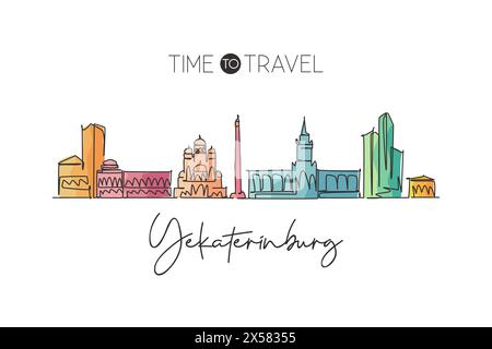 Eine einzige Linie, die die Skyline der Stadt Jekaterinburg, Russland, zeigt. Weltstadt-Landschaft, Wohnwand mit Postermotiv. Das beste Urlaubsziel. Trendig Stock Vektor