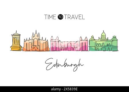 Einzelne durchgehende Linienzeichnung der Skyline von Edinburgh Schottland. Berühmte Stadt-Kratzer-Landschaft. World Travel Concept Wohnwand Dekor Posterdruck AR Stock Vektor